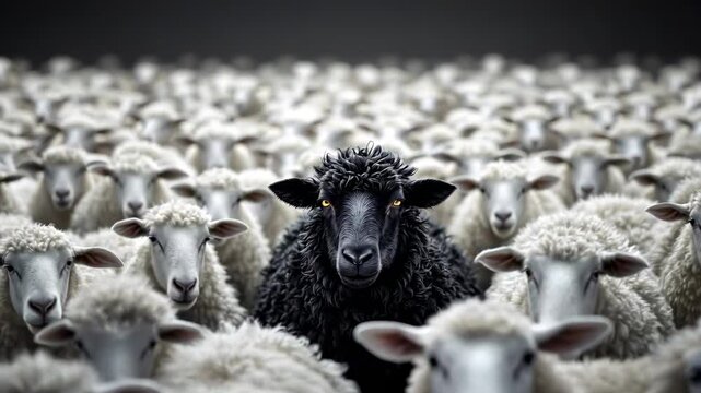One Black Sheep Stands Apart in White Flock Symbolizing Diversity and Bold Curiosity