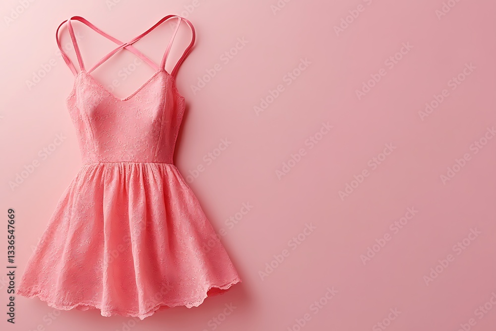 Poster a beautiful summer dress displayed on a soft pink background with enough space for adding product de