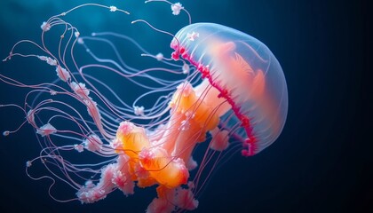 Naklejka premium An ethereal jellyfish with delicate, flowing tentacles, exhibiting vibrant hues of pink and orange against a deep blue aquatic background.