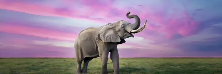 Obraz premium Elephant lifting its trunk in an open grassland at sunset – Great for wildlife campaigns, peaceful nature imagery, or serene landscapes.