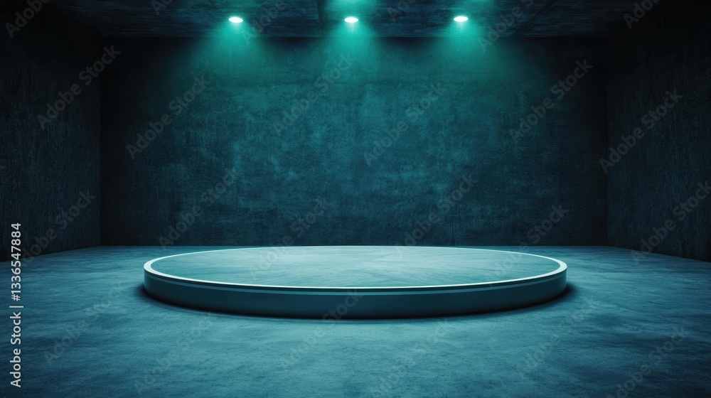 Poster A dimly lit stage with a circular platform and green lighting, creating an atmospheric setting for performances or presentations.