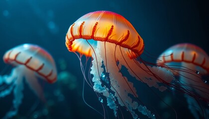 Fototapeta premium Mesmerizing underwater scene featuring three vibrant jellyfish, their translucent bells glowing with orange and white hues, gracefully floating in a deep blue aquatic environment.
