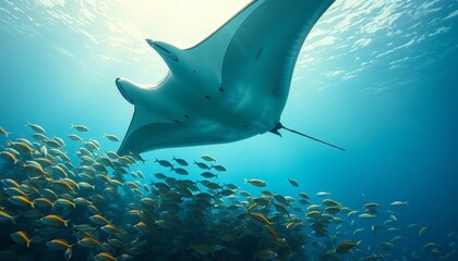 Oceanic Manta Ray Soaring Above a School of Fish in a Vibrant Underwater Scene