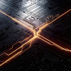 Hyper-detailed circuit structure with glowing orange power lines &ndash; Great for technology, innovation, or futuristic designs.