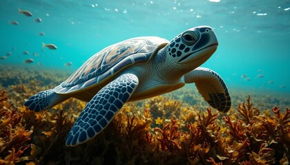 Fototapeta premium Majestic Sea Turtle Gracefully Navigating Vibrant Coral Reef Ecosystem