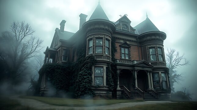 Gothic Victorian mansion, foggy atmosphere, eerie lighting, dark foreboding house, spooky architecture, turrets and towers, haunted appearance, misty background, bare trees, moody color palette, aband
