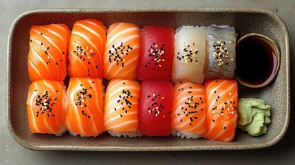 A beautifully arranged platter of assorted sushi rolls featuring vibrant colors and intricate details, perfect for sharing or enjoying alone