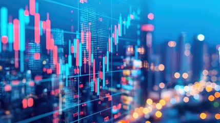 A digital representation of stock market trends, featuring colorful graphs and city lights in the background, symbolizing financial activity.