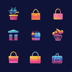 Vector Illustration of Shopping Bags, Plant Pot and Cupcake Icons