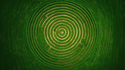 Obraz premium Aerial view of a circular maze carved into lush green fields, with intricate pathways leading to a centered point.