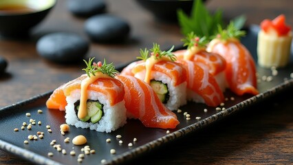 Fresh salmon sushi rolls with sesame on elegant black plate