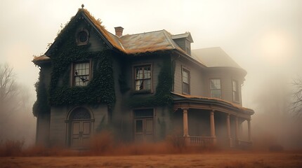 Haunted Victorian house, foggy atmosphere, eerie lighting, dilapidated structure, overgrown vegetation, muted colors, atmospheric perspective, ghostly ambiance, abandoned property, gothic architecture