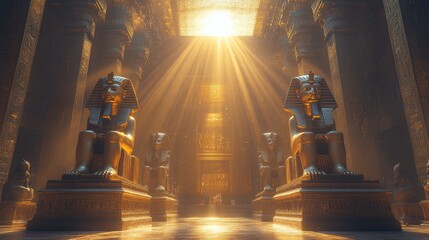 Sunlight illuminating an ancient Egyptian temple with majestic golden sphinx statues and hieroglyphic carvings on the walls
