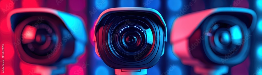 Poster three surveillance cameras are positioned in front of vibrant red and blue lights, creating a striki