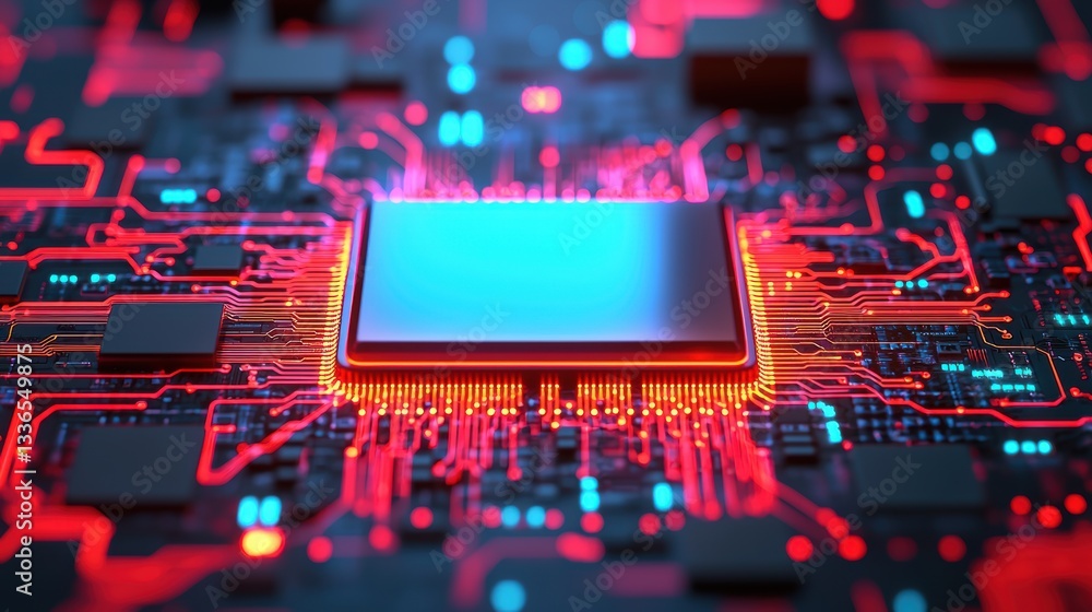 Poster a close-up view of a computer chip on a circuit board, illuminated with vibrant red and blue lights,