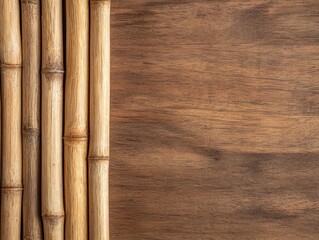 A close-up image showcasing bamboo sticks arranged against a textured wooden surface, highlighting natural materials and earthy tones.