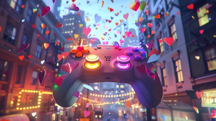 Futuristic NFT Game Controller with glowing animal faces, surrounded by floating rainbow-colored hearts and digital confetti in a lively virtual city.