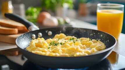 Scrambled eggs being cooked in a non-stick pan.