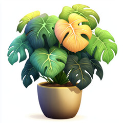 Obraz premium Lush monstera plant with vibrant green and yellow leaves in modern pot, adding touch of nature to any space. Perfect for home decor or office settings