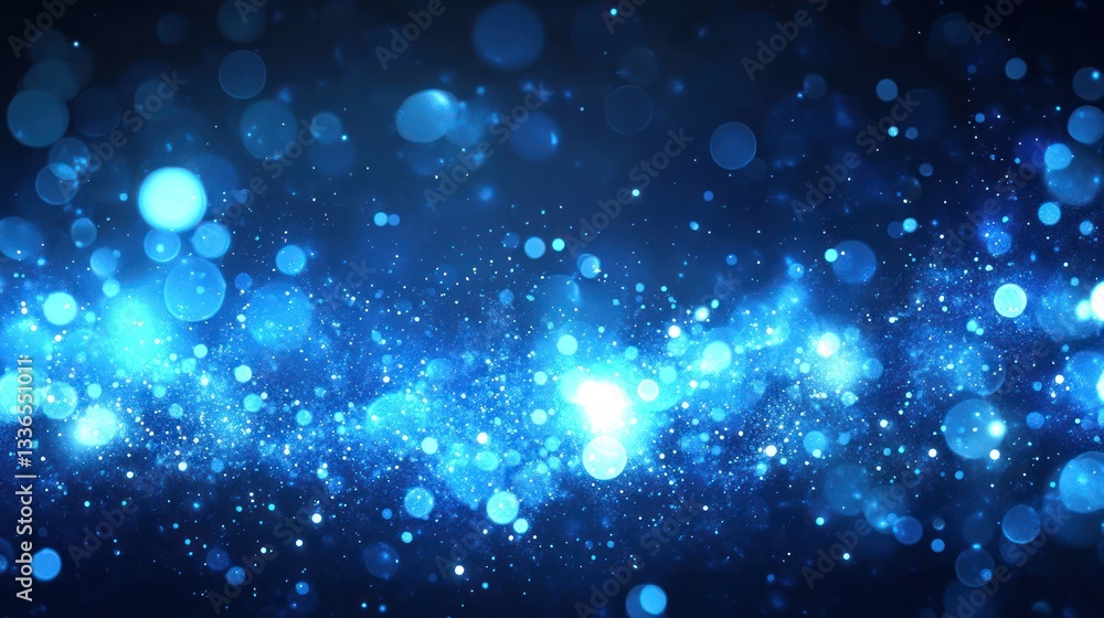Poster abstract blue bokeh background with glowing particles and light.