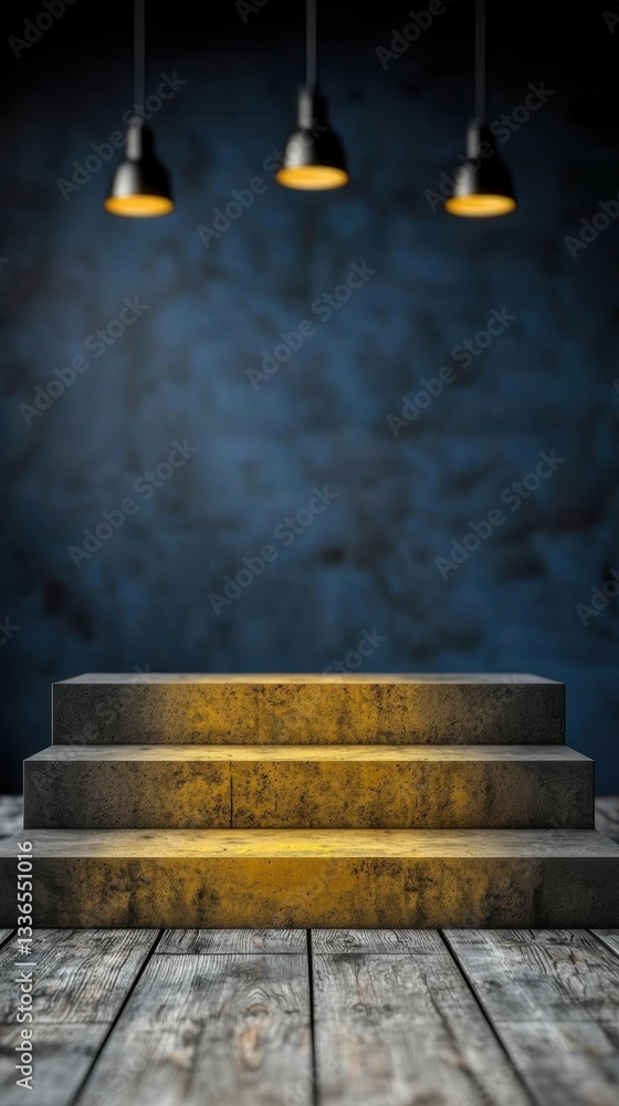 Poster a modern stage design with illuminated steps and a textured blue background, creating a dramatic and