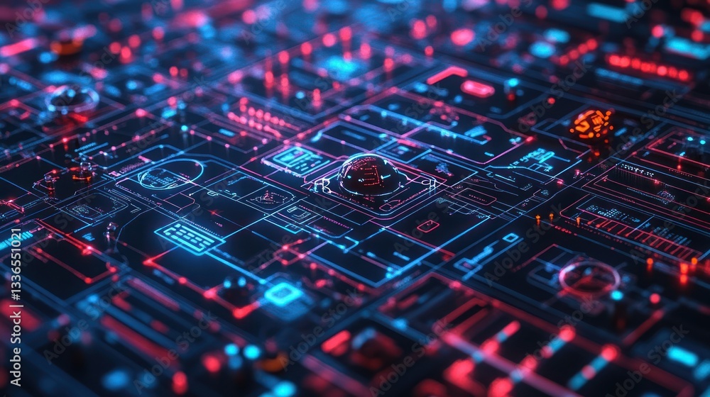 Poster abstract digital circuit board with glowing nodes and connections.
