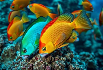 Fototapeta premium Vibrant Reef Inhabitants A Close-Up of Two Strikingly Colored Tropical Fish Amongst a School, Displaying Their Vivid Hues and Intricate Fin Details Against a Background of Coral