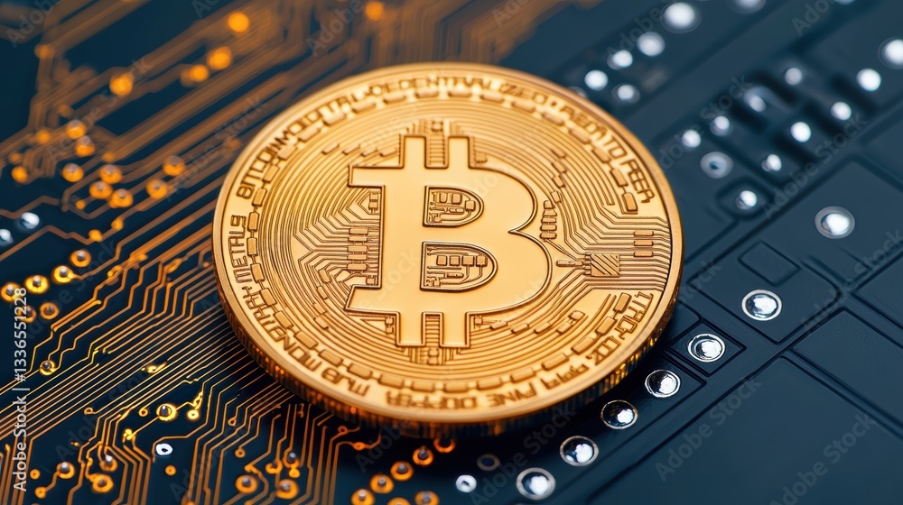 Poster a close-up of a bitcoin on a circuit board, highlighting the intersection of cryptocurrency and tech