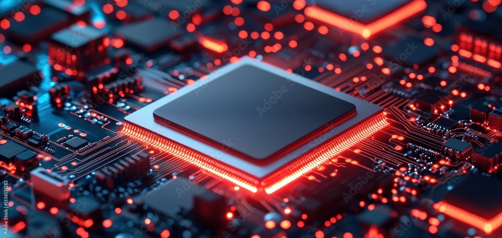 Poster a close-up view of a microchip surrounded by glowing circuitry, showcasing advanced technology and i