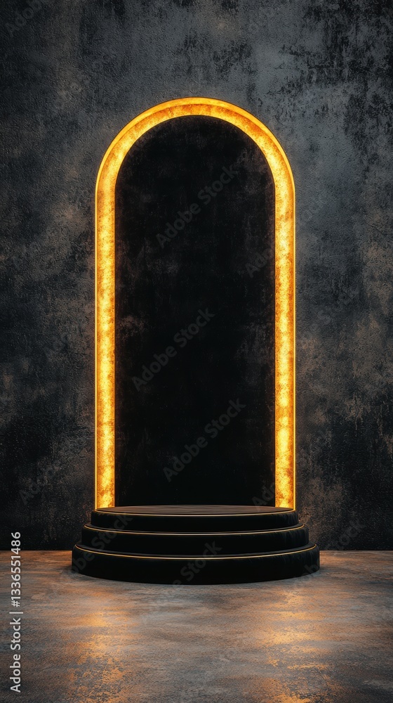 Poster a glowing, arched mirror stands against a dark textured wall, creating a striking contrast with its 