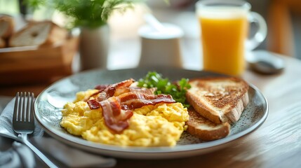Scrambled eggs with crispy bacon, toasted bread, and a refreshing glass of orange juice.