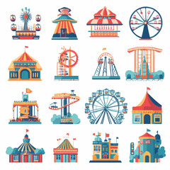 Colorful illustrations of amusement park rides and attractions.