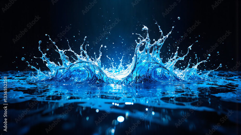 Poster dynamic blue water bursts forth, creating a splash against a dark backdrop. water droplets and waves