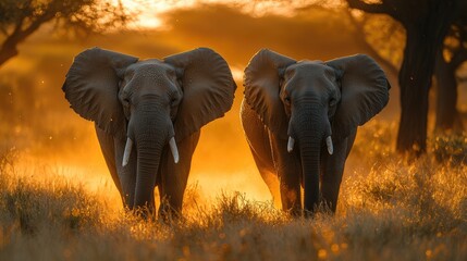 Fototapeta premium Majestic African elephants walking through golden grasslands at sunset, showcasing their grandeur and wild beauty