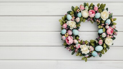 A beautifully decorated floral wreath featuring pastel flowers and decorative eggs, set against a light wooden backdrop.
