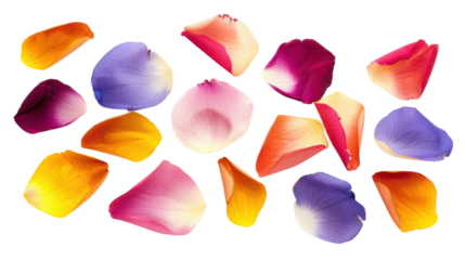 Colorful rose petals falling on transparent background