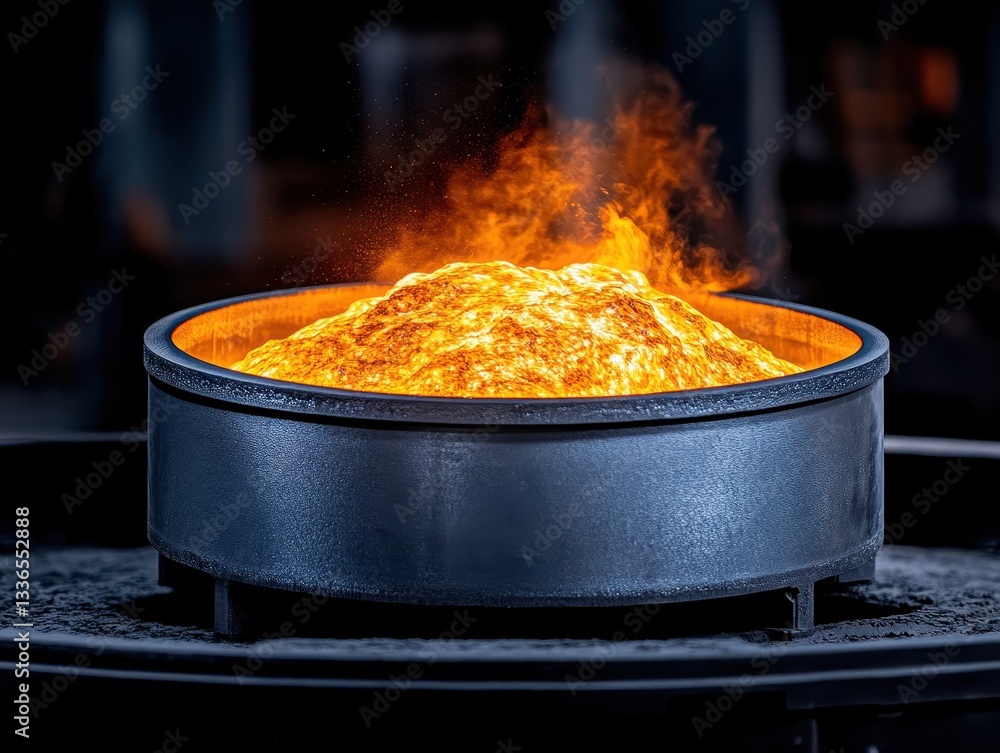 Poster molten lava-like substance erupting from a circular container in industrial setting