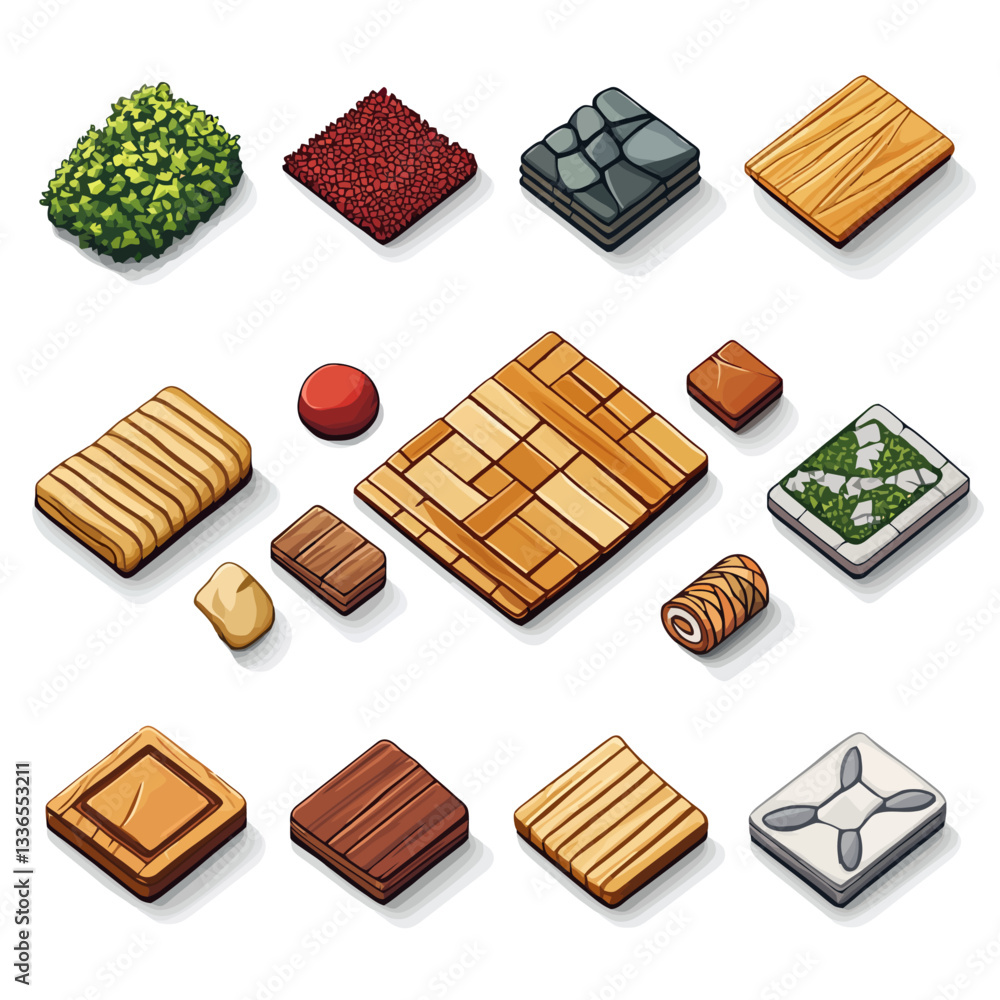 Poster isometric tiles and textures set for game design or background