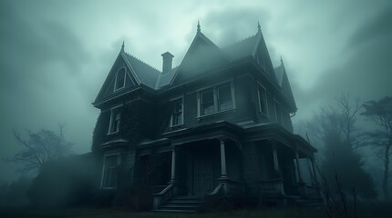 Haunted Victorian mansion, eerie green fog, twisted bare trees, gothic architecture, dilapidated wooden porch, spooky atmosphere, cloudy night sky, abandoned house, horror movie setting, creepy silhou