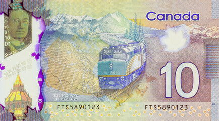 Bank of Canada issued by ten dollar polymer banknotes back view