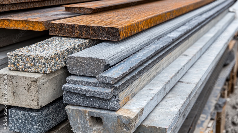 Poster close-up of stacked rusty and gray metal and concrete building materials.