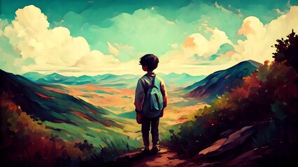 Fototapeta premium A curious young boy gazing at a breathtaking mountainous landscape, embodying a sense of adventure and exploration, ideal for travel inspiration and educational themes.