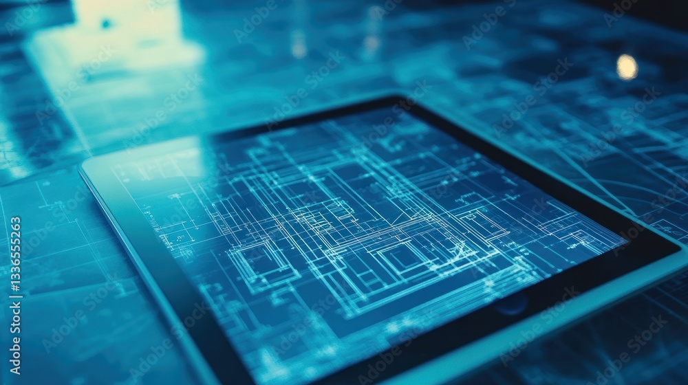 Poster Close-up of tablet displaying digital blueprint.