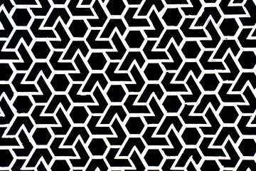 A high-contrast geometric pattern with interlocking hexagonal and arrow shapes in black and white.