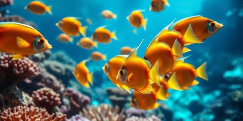 Fototapeta premium A vibrant underwater scene showcasing a school of bright orange fish gracefully swimming amidst a colorful coral reef