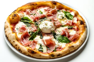pizza featuring burrata core and cured beef on white setting  
