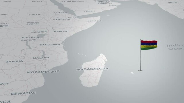 Mauritius map animation.The Mauritius flag flies majestically over a detailed map