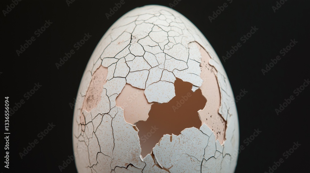 Poster close-up of an eggshell. the eggshell is white and has a cracked texture. the cracks are deep and wi