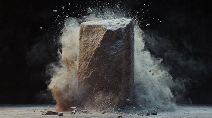 Stone block exploding into dust cloud.