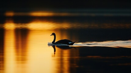 Fototapeta premium Black swan swimming at sunset, golden reflection.